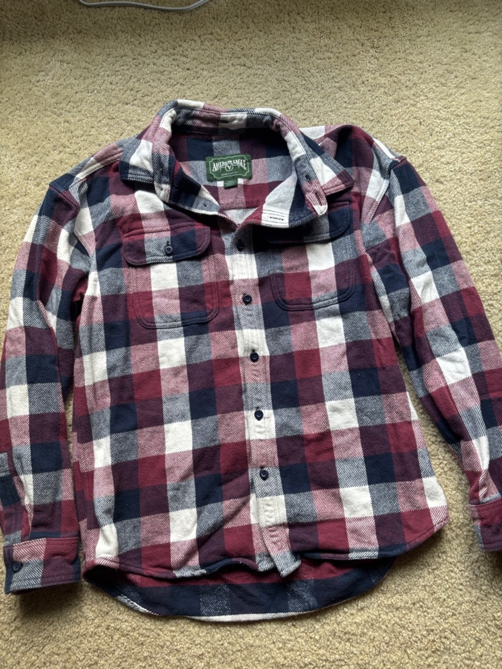 American Eagle  Burgundy, Navy & White Plaid Flannel Shirt